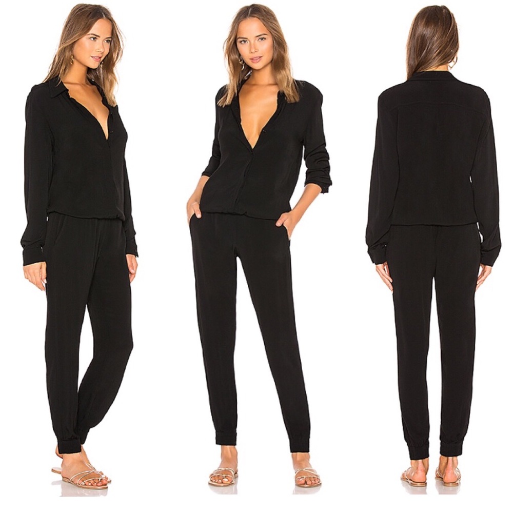 EUC Monrow Crepe Long Sleeve Jumpsuit in Black S